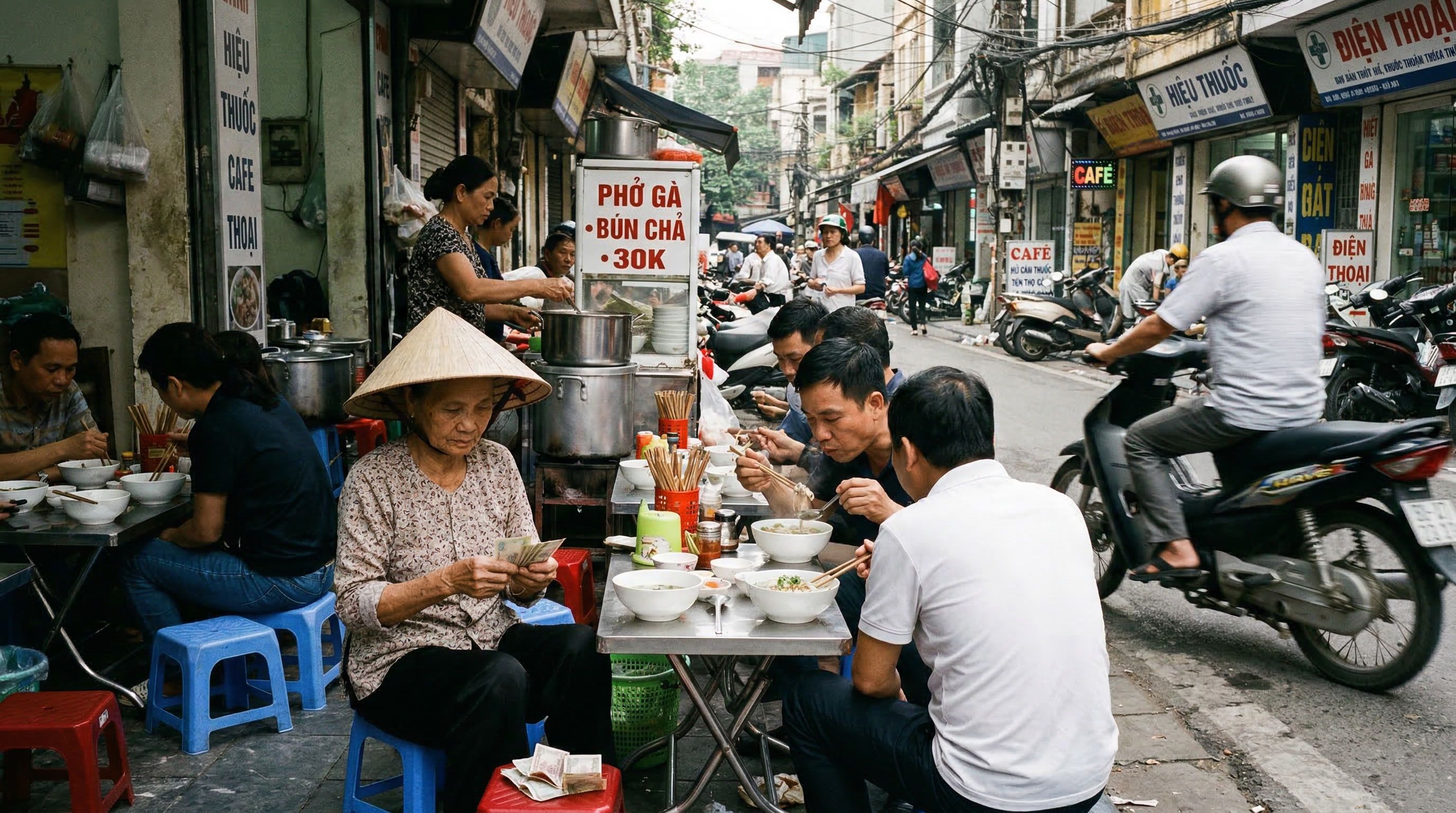 Le petit-d&eacute;jeuner sur le trottoir : un rituel matinal qui fait partie du quotidien de millions de Vietnamiens.