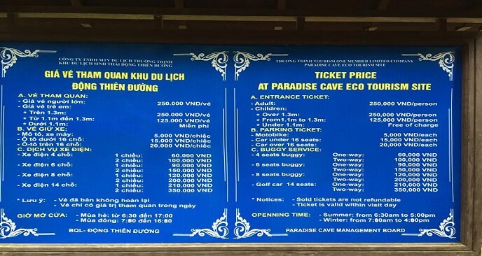 Tarif pour entrer la grotte du Paradis à Phong Nha Ke Bang