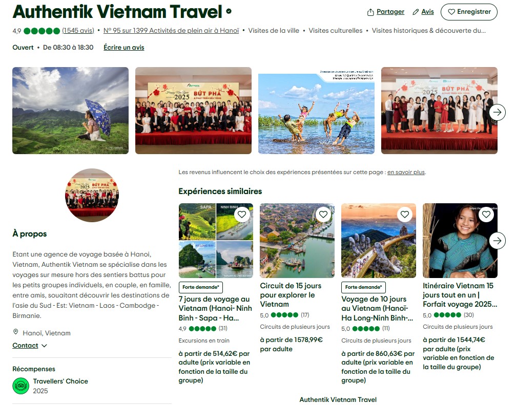 Authentik Vietnam gagne Tripadvisor Traveller's choice 2025